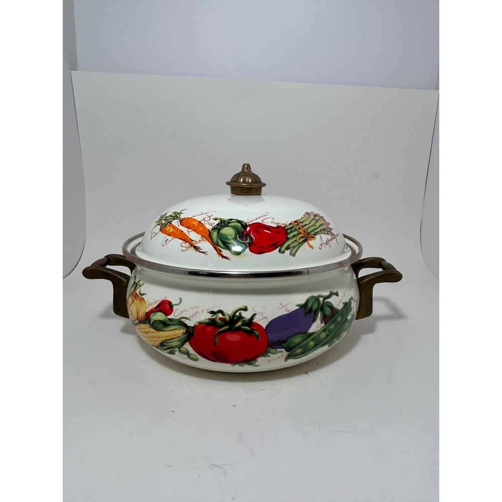 Vintage Enamelware Dutch Oven Vegetable Garden Print Brass Handles White Pot Lid